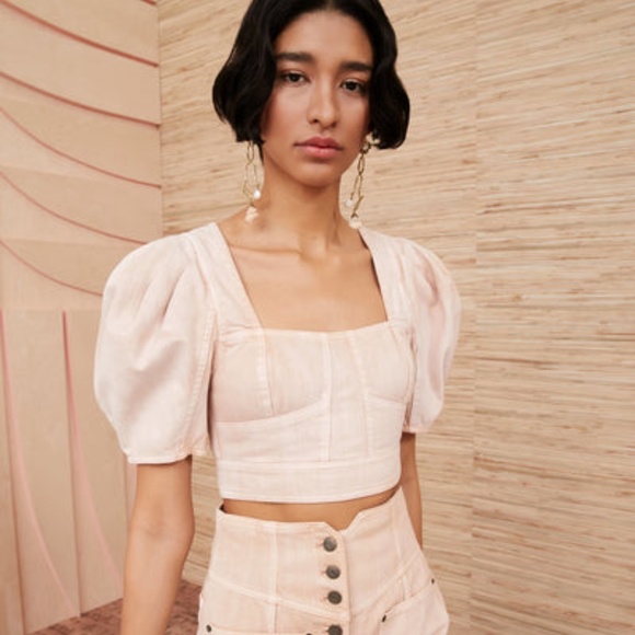 Ulla Johnson Tops - ULLA JOHNSON Renee Denim Bustier Puff Sleeve Crop size 6